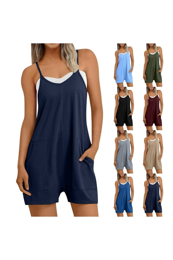 Women's Jumpsuit Shorts, Sleeveless Suspenders, Casual Summer Romper, Solid Color One Piece, Lounge Wear, Beach Vacation Outfit, Travel Essentials | HAODEJW,Khaki M