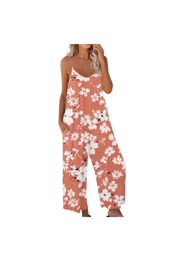 Women's Jumpsuit Summer Casual Spaghetti Strap Floral Print Long Romper with Pocket Wide Leg Scoop Neck Loose Outfits, Orange, XXL