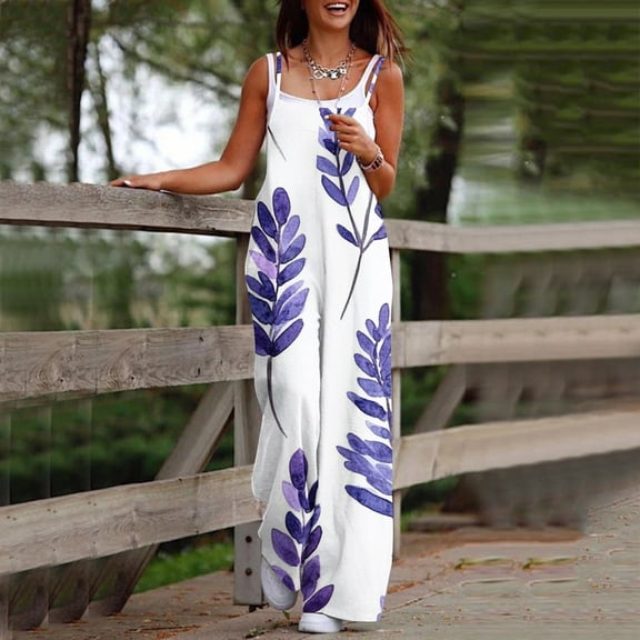 Women's Jumpsuits And Rompers Plus Size Casual Sleeveless Strap Printed Spaghetti High Waist Wide Leg Jumpsuit With Pocket