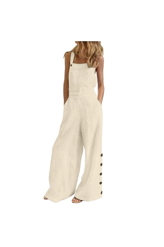 Women's Jumpsuits Casual Sleeveless Overalls Solid Summer Wide Leg Bib Bottons with Pockets Romper,Beige,L