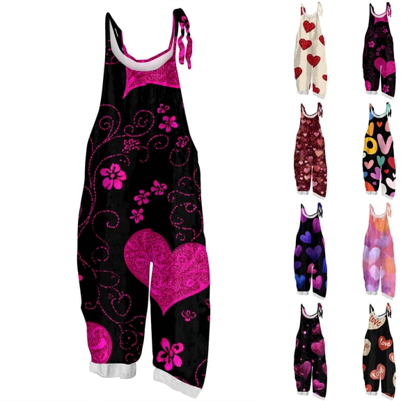 Women's Jumpsuits Casual Sleeveless Rompers Vintage Shoulder Straps Valentine's Day Print With Pocket Dark Blue 3XL