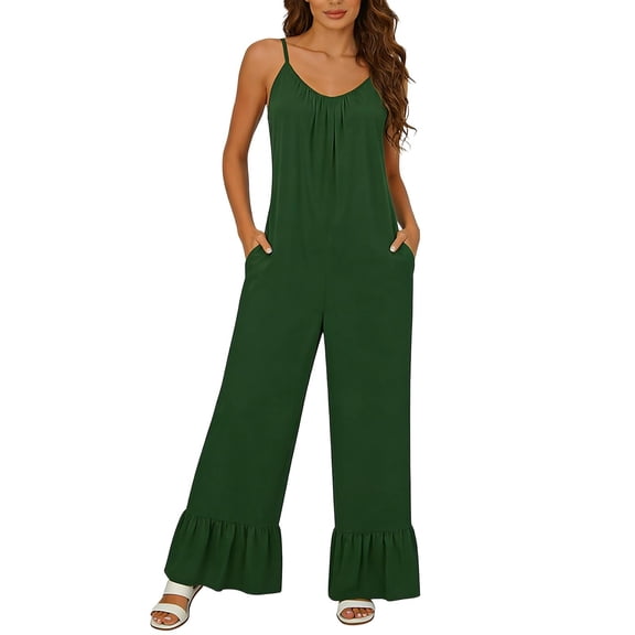 Women's Jumpsuits Casual Sleeveless Spaghetti Strap Wide Leg Rompers with Pockets One Piece Bodysuit Army Green Xxl