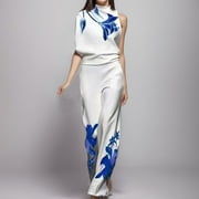 BSYOUFIER Women's Jumpsuits Clearance Deals Women's Fashion Casual Temperament Sleeveless Positioning Printed High Necked Sleeveless Blouse Trousers Two Piece Suit , Summer Rompers for Women 2024 , Dressy Jump