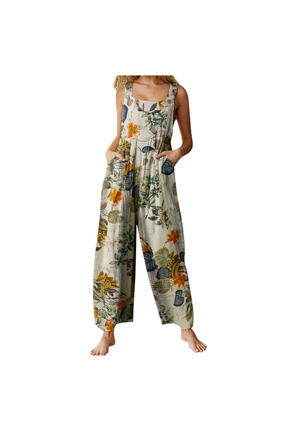 Women's Jumpsuits, Rompers Overalls Bohemian Style Trousers Vintage Floral Print Jumpsuit Baggy Overalls Wide Leg Pocket