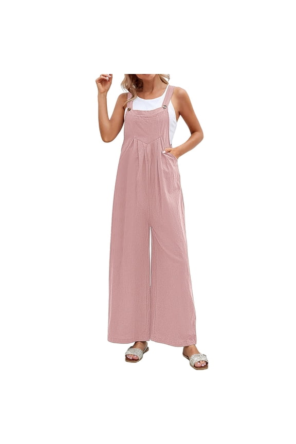 Women's Jumpsuits, Rompers & Overalls Casual Pocket Strap Solid Playsuit Button Long Jumpsuits for Women,Pink,L
