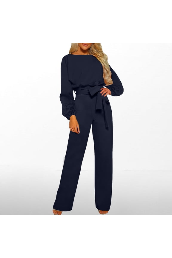 Women's Jumpsuits, Rompers & Overalls Fall/Winter Solid Color Long Sleeved Crewneck Jumpsuit With Belt Jumpsuit Pans