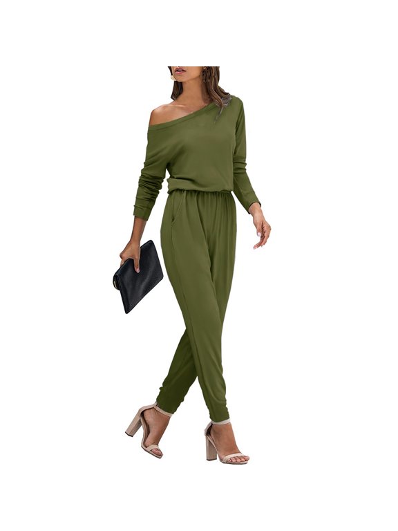 Women's Jumpsuits, Rompers & Overalls Women'S Fall/Winter Solid Color Long Sleeve One Neck Jumpsuit With Drawstring At The Waist For Effect Suit Set One Piece Jumpsuits for Women