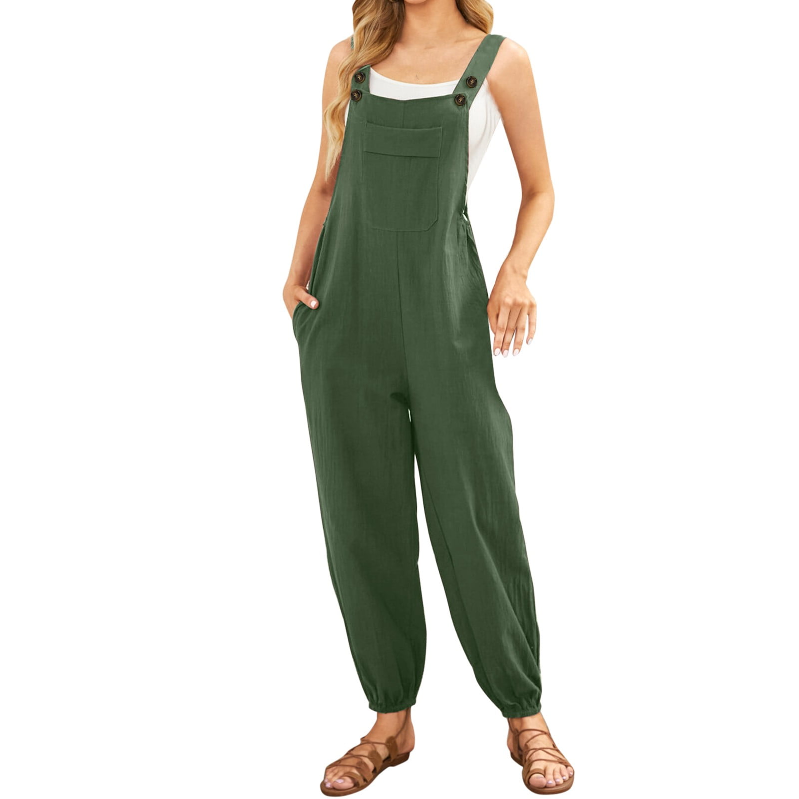 Women's Jumpsuits Sleeveless Casual Solid Summer Wide Leg Bib Pants Bottons  Romper With Button Pockets Jumpsuit for Women 2023