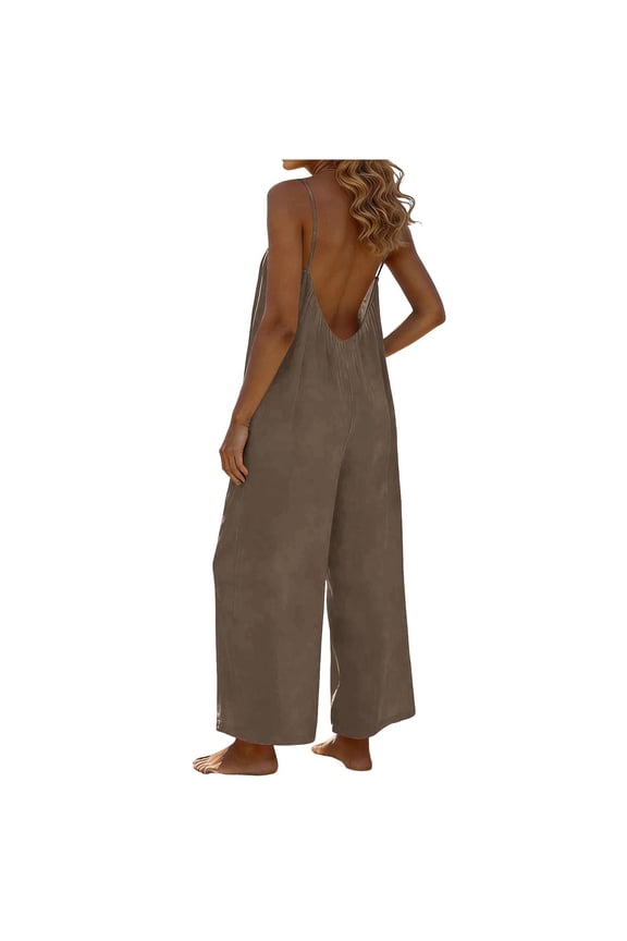 Women's Jumpsuits Solid Color Adjustable Spaghetti Strap Rompers Backless Wide Leg Long Pants Overalls with Pockets Beach Vacation Outfits