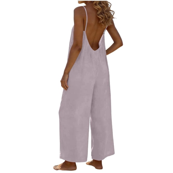Women's Jumpsuits Solid Color Adjustable Spaghetti Strap Rompers Backless Wide Leg Long Pants Overalls with Pockets Beach Vacation Outfits
