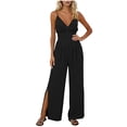 thumbnail image 1 of Women's Jumpsuits Spaghetti Strap V Neck Sleeveless Overalls Summer Side Slit Wide Leg Rompers with Pockets, 1 of 6