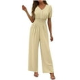 thumbnail image 1 of Women's Jumpsuits V-Neck Button Short Sleeve Elastic Tunic Pleated Waist Long Wide Leg Pants Solid Color Semi Formal Rompers with Pockets Beige S-2XL, 1 of 8