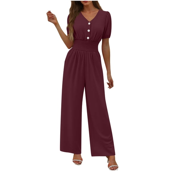 Women's Jumpsuits V-Neck Button Short Sleeve Elastic Tunic Pleated Waist Long Wide Leg Pants Solid Color Semi Formal Rompers with Pockets Wine S-2XL