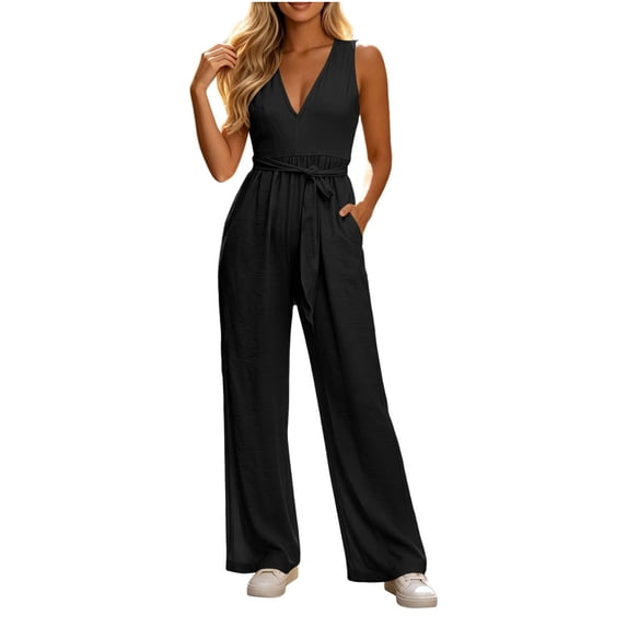 Women's Jumpsuits V Neck Sleeveless Wide Leg Pants Tie Waist High Waisted Summer Casual Vacation Beach Wedding Guest Dressy with Pockets Black