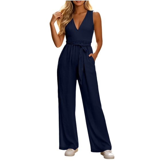 Women's Jumpsuits V Neck Sleeveless Wide Leg Pants Tie Waist High Waisted Summer Casual Vacation Beach Wedding Guest Dressy with Pockets Navy