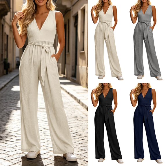 Women's Jumpsuits V Neck Sleeveless Wide Leg Pants Tie Waist High Waisted Summer Casual Vacation Beach Wedding Guest Dressy with Pockets White
