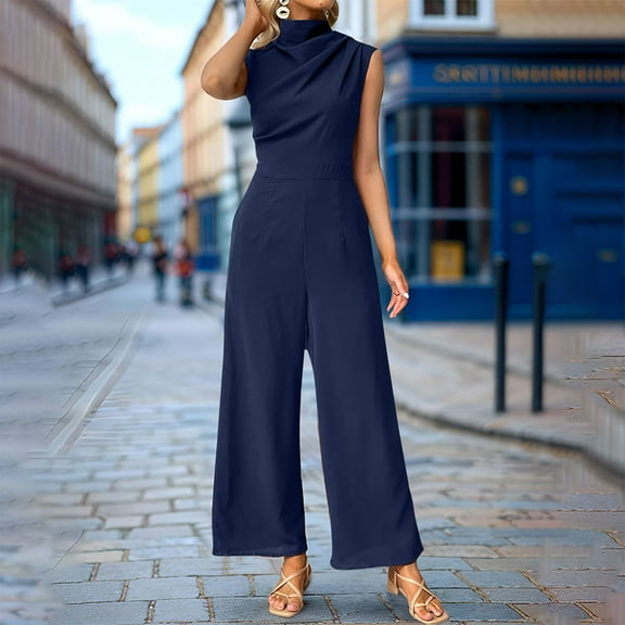 Women's Jumpsuits Women Casual Loose Jumpsuit Sleeveless Solid Color Collar Wide Leg Long Pants Jumpsuit Long Pants Dressy Jumpsuits for Women Comfortable Pants for women