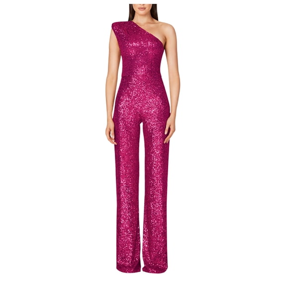 Women's Jumpsuits Women'S Solid Color High-Waisted Strapless One-Shoulder Off-The-Shoulder Sequin Casual Long Jumpsuit Dressy Jumpsuits for Women Comfortable Pants for women