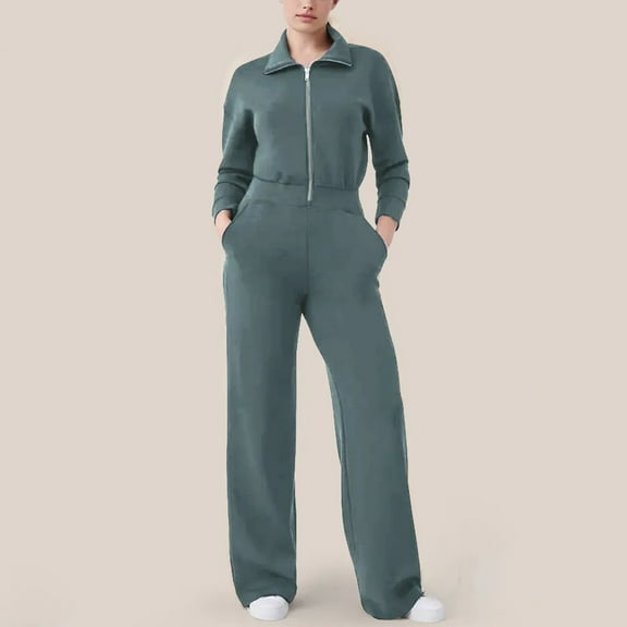 Women's Jumpsuits Womens Casual Long Sleeve Zipper Turn-down Collar Bodycon Solid Wide Legging Jumpsuit Rompers With Pocket Dressy Jumpsuits for Women Comfortable Pants for women