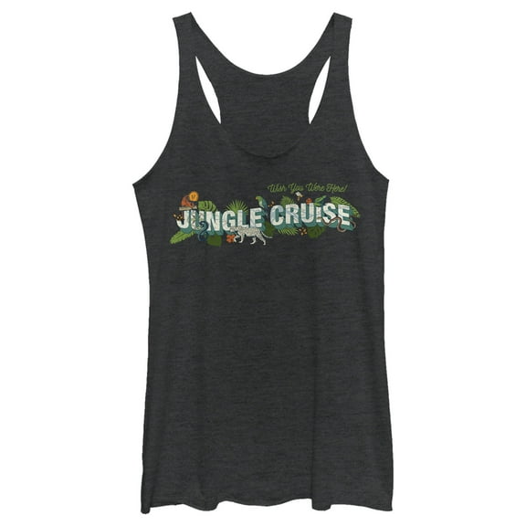 Women's Jungle Cruise Wish You Were Here Postcard Logo  Racerback Tank Top Black Heather X Small