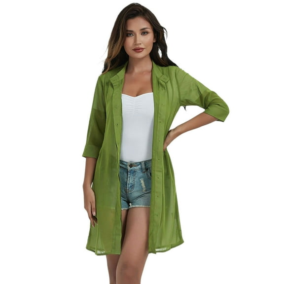 Women's Junior Black Sheer Chiffon Long Tunic Blouse Dress Shirt- Medium,Green