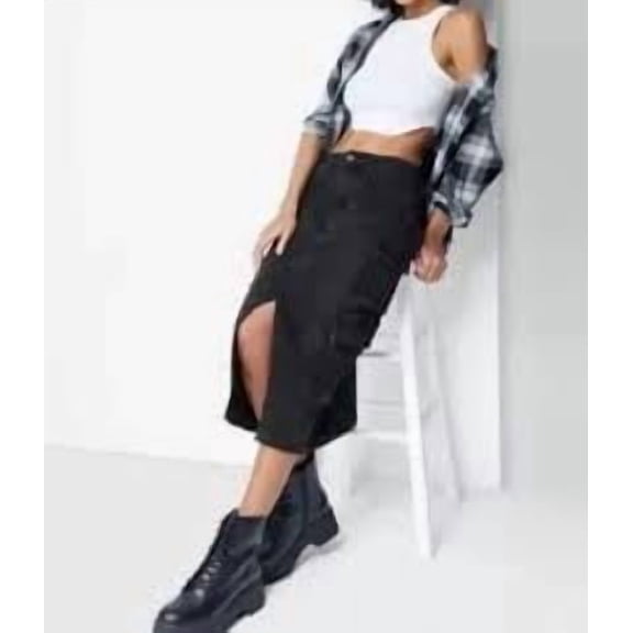 Women's Junior Cargo Front Slit Denim Black Skirt