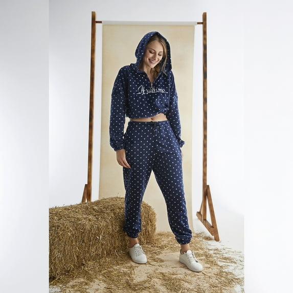 Women’s Junior Cotton Navy Tracksuit 2 Piece Cute Printed Polka Dot Crop Sweatshirt Hoodie Long Pants Loungewear Pj Set - XL