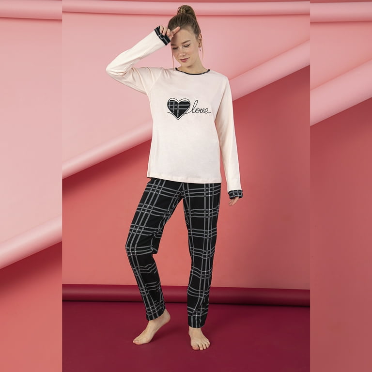 Women’s Junior Cotton Pajama Set 2 Piece Cute Printed Heart Love Plaid Long  Sleeve Long Pants Sleepwear Pj Set - M
