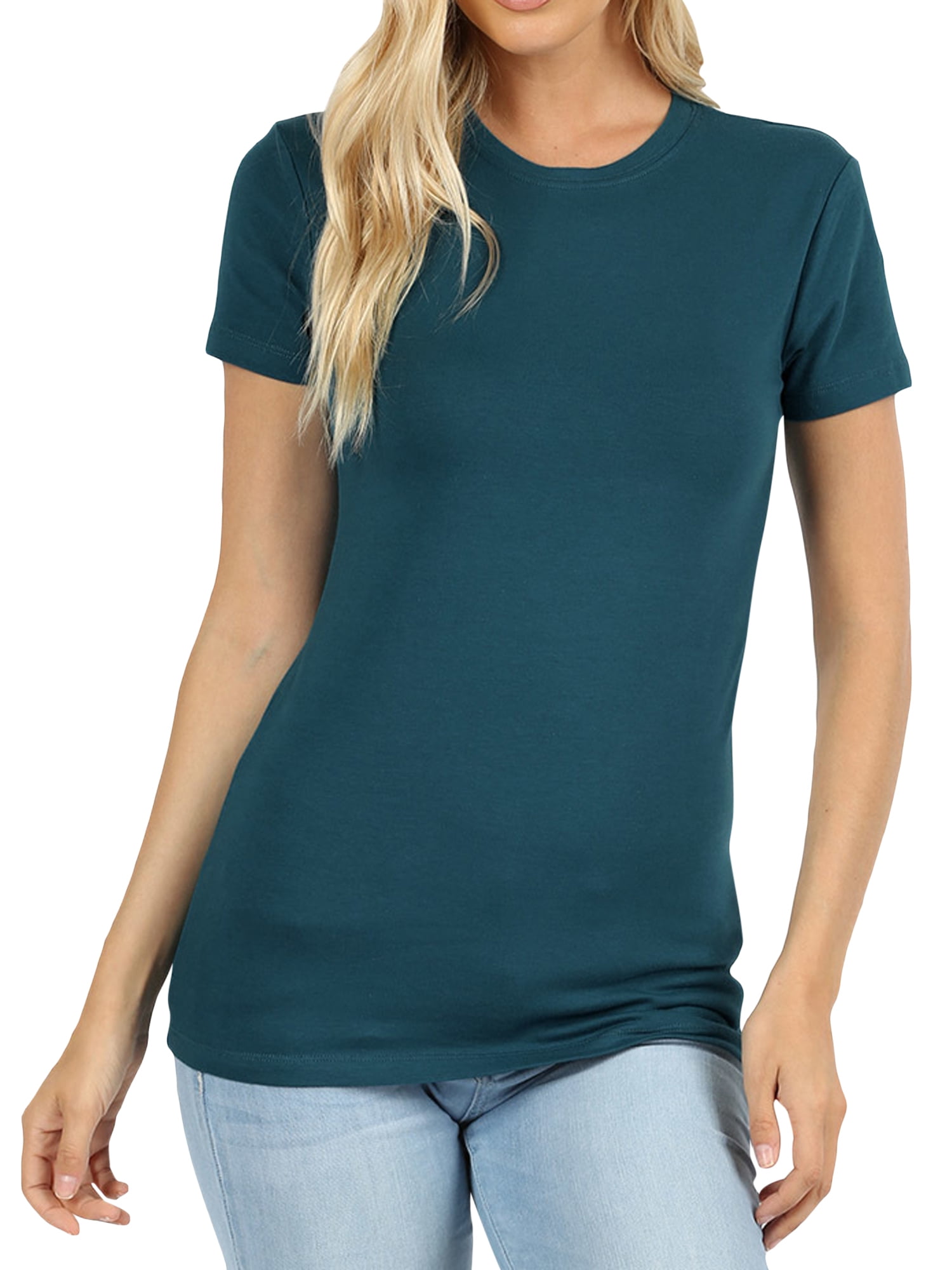 Women's & Juniors Basic Round Crew Neck Short Sleeve Stretch Cotton