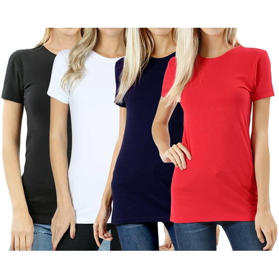 Women's & Juniors Basic Round Crew Neck Short Sleeve Stretch Cotton Spandex T-Shirts