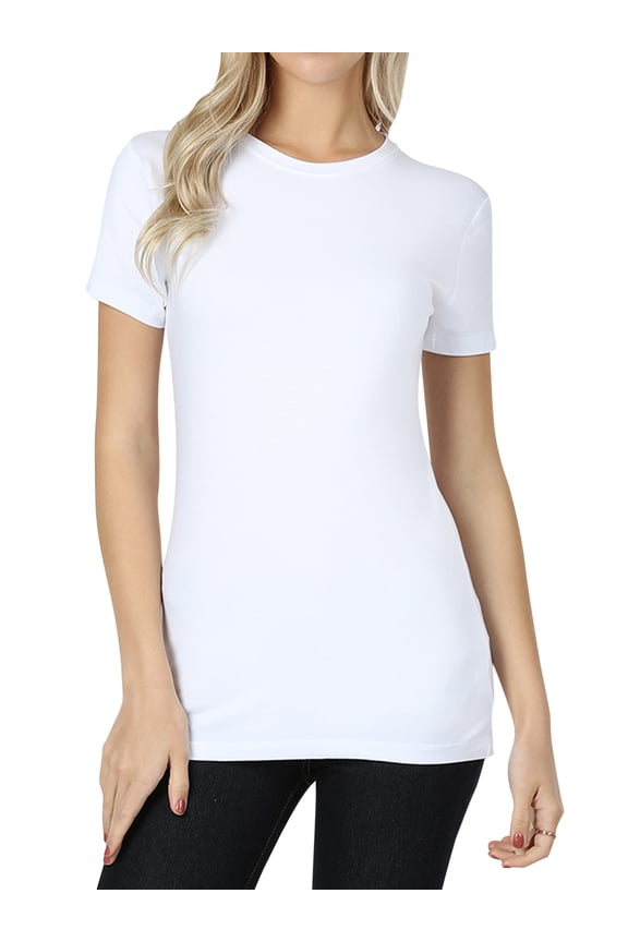 Women's & Juniors Basic Round Crew Neck Short Sleeve Stretch Cotton Spandex T-Shirts