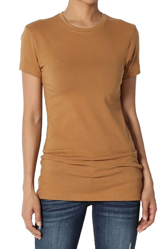 Women's & Juniors Basic Round Crew Neck Short Sleeve Stretch Cotton Spandex T-Shirts