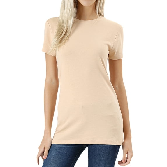 Women's & Juniors Basic Round Crew Neck Short Sleeve Stretch Cotton Spandex T-Shirts