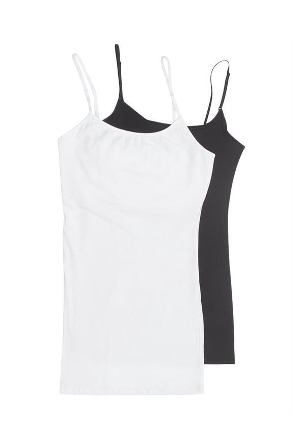 Women's & Juniors Camisole Built in BRA Adjustable Spaghetti Strap Long Tank Top - 2 Pack