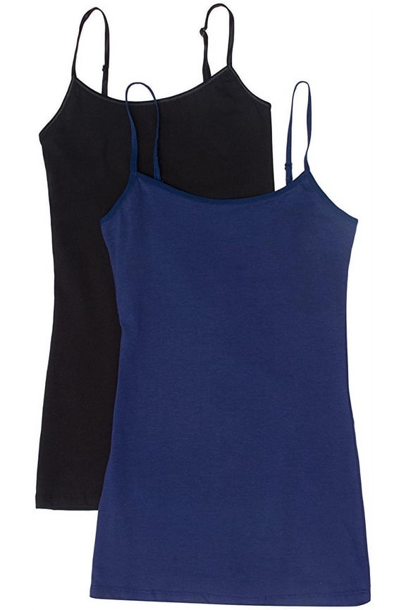 Women's & Juniors Camisole Built in BRA Adjustable Spaghetti Strap Long Tank Top - 2 Pack