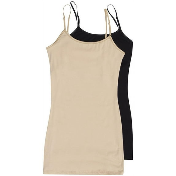Women's & Juniors Camisole Built in BRA Adjustable Spaghetti Strap Long Tank Top - 2 Pack