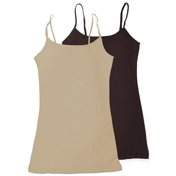 Women's & Juniors Camisole Built in BRA Adjustable Spaghetti Strap Long Tank Top - 2 Pack