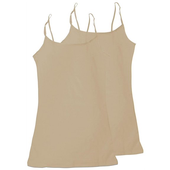 Women's & Juniors Camisole Built in BRA Adjustable Spaghetti Strap Long Tank Top - 2 Pack