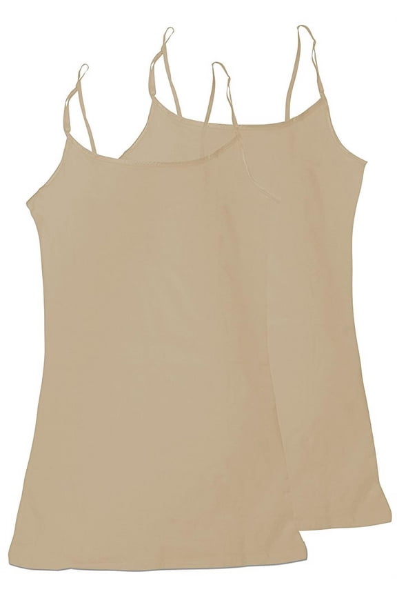 Women's & Juniors Camisole Built in BRA Adjustable Spaghetti Strap Long Tank Top - 2 Pack