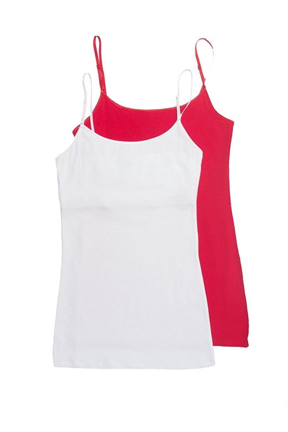 Women's & Juniors Camisole Built in BRA Adjustable Spaghetti Strap Long Tank Top - 2 Pack