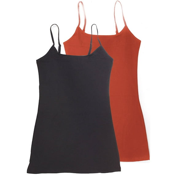 Women's & Juniors Camisole Built in BRA Adjustable Spaghetti Strap Long Tank Top - 2 Pack