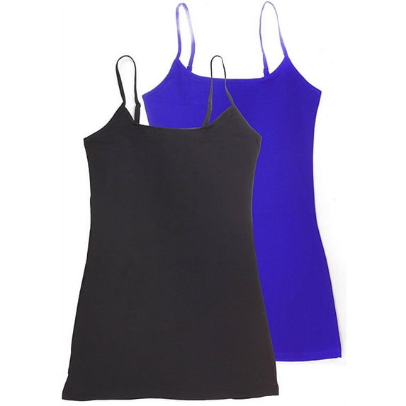 Women's & Juniors Camisole Built in BRA Adjustable Spaghetti Strap Long Tank Top - 2 Pack