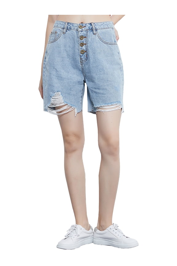 Women's Juniors Ripped Denim Shorts High Waist Short Jeans, Light Denim, Large