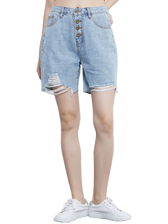 Women's Juniors Ripped Denim Shorts High Waist Short Jeans, Light Denim, Large