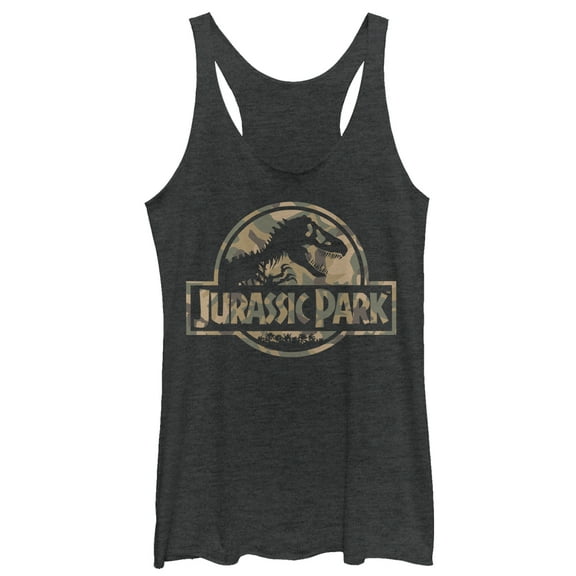 Women's Jurassic Park Camo Logo  Racerback Tank Top Black Heather Small