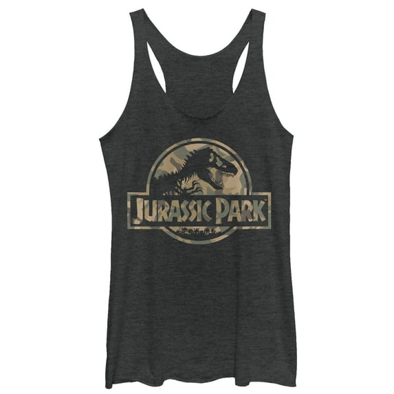 Women's Jurassic Park Camo Logo Racerback Tank Top Black Heather Small