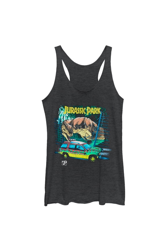 Women's Jurassic Park Car Chase Scene Racerback Tank Top Black Heather Small