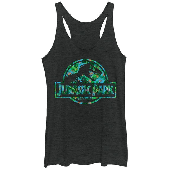 Women's Jurassic Park Floral T Rex Logo  Racerback Tank Top Black Heather Large