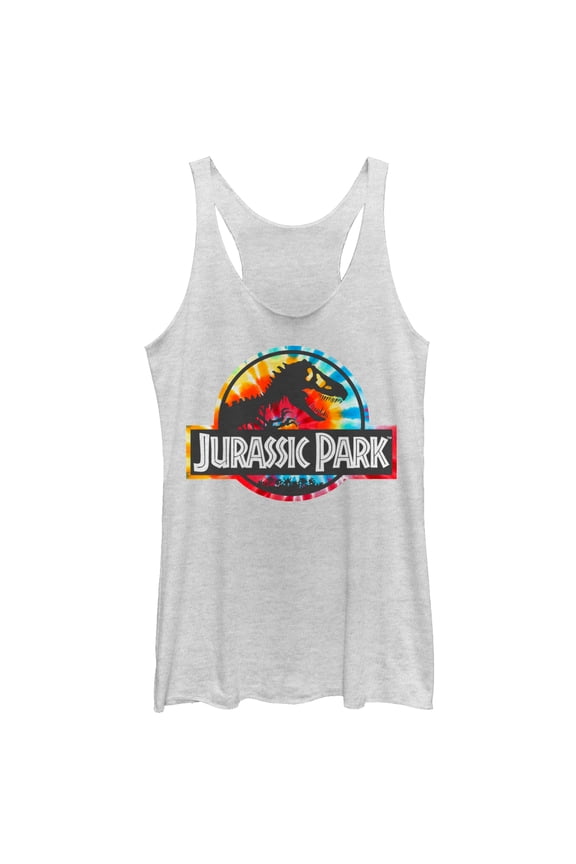 Women's Jurassic Park Groovy Tie-Dye Logo Racerback Tank Top White Heather 2X Large
