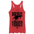 thumbnail image 1 of Women's Jurassic Park Here Comes Trouble  Racerback Tank Top Red Heather Small, 1 of 3